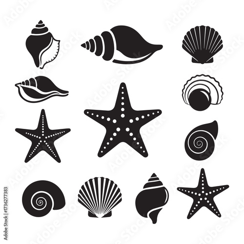 Set of different black sea shells and starfish silhouette vector.