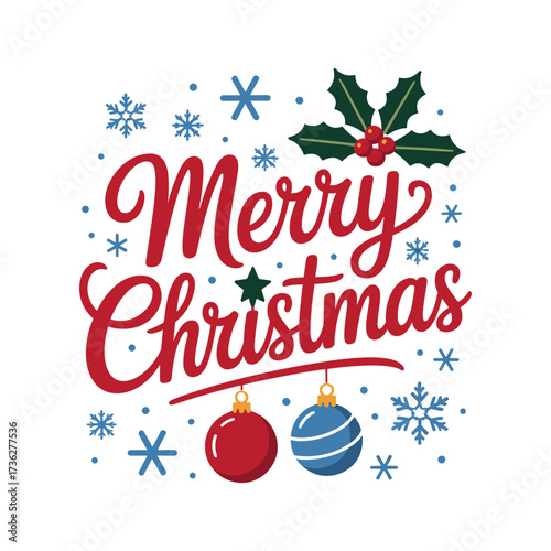 Merry christmas festive typography design with ornaments and snowflakes