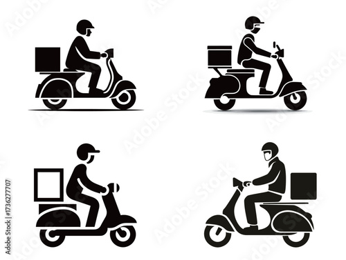 Four silhouettes of delivery riders on scooters show different angles and positions. Each rider is wearing a helmet and carrying a delivery package in a busy urban setting.