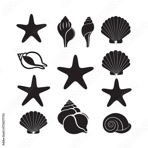 Set of different black sea shells and starfish silhouette vector.