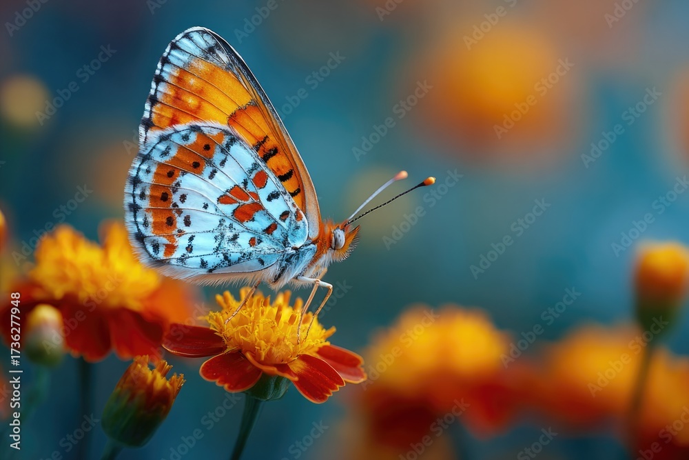 Fototapeta premium Colorful butterfly perched on vibrant flowers, showcasing nature
