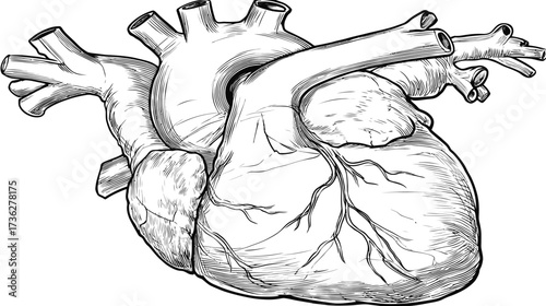 Realistic human heart anatomy line art drawing for medical health science education concept, detailed internal organ illustration