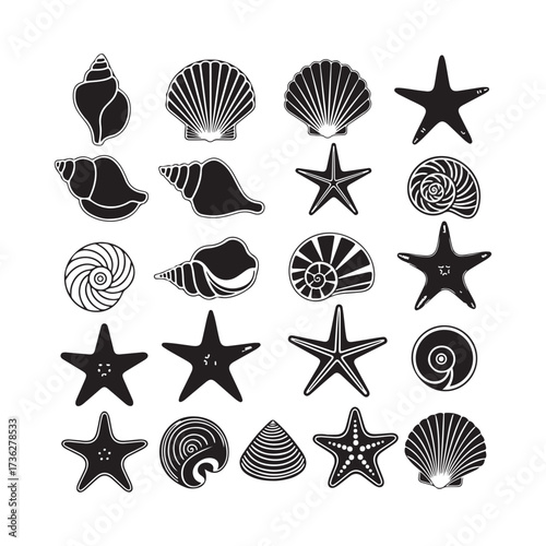 Set of different black sea shells and starfish silhouette vector.