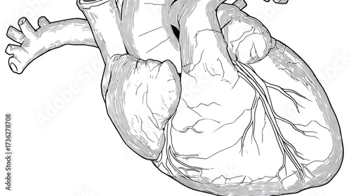 Detailed human heart anatomy medical illustration in black and white line drawing style, perfect for biology, health, and cardiovascular concepts.