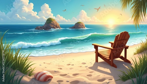 Illustration depicts a tranquil beach scene. Wooden chair sits on the shore. Gentle waves meet the sand. Shell rests near the chair. Soaring birds and sun add serenity.
