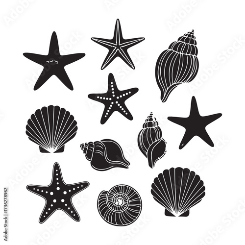 Set of different black sea shells and starfish silhouette vector.