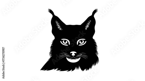 Striking black lynx head silhouette with piercing eyes, minimalist vector illustration for design projects, wild animal graphic