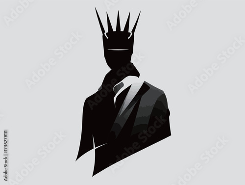 A silhouette of a figure wearing a crown, exuding a sense of royalty. The design uses bold shapes and contrasts to create an artistic representation of power.