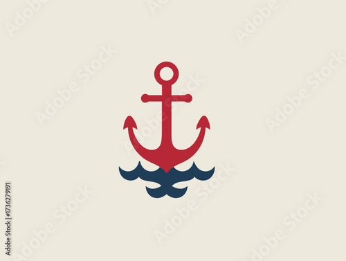 A bold anchor design in red is positioned above stylized blue waves. The background is light, creating a striking visual contrast and nautical theme.