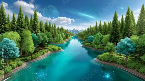 Serene Landscape with Lush Green Trees and Crystal Clear River Surrounded by Majestic Mountains Under a Bright Blue Sky
