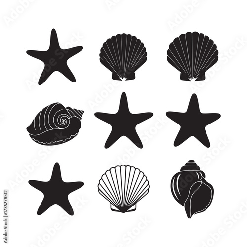 Set of different black sea shells and starfish silhouette vector.