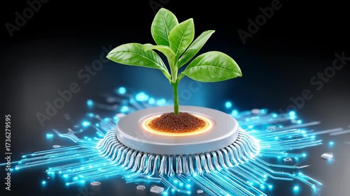 Growing plant emerging from a futuristic circuit board, symbolizing technology and nature convergence in sustainability and innovation