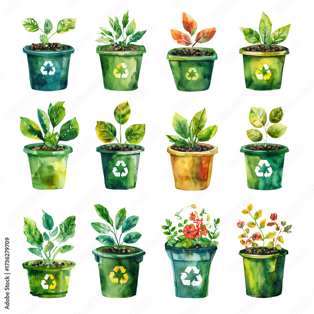 Fototapeta premium a watercolor illustration depicts a collection of diverse potted plants in recycled containers, symbolizing growth and environmental consciousness.