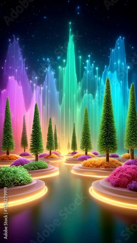 Vibrant Fantasy Landscape with Colorful Trees and Ethereal Light Reflections in a Serene Water Setting at Night