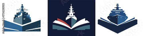 Three stylized designs merge a ship and an open book, symbolizing the connection between maritime skills and education. The shapes display creativity in nautical themes.