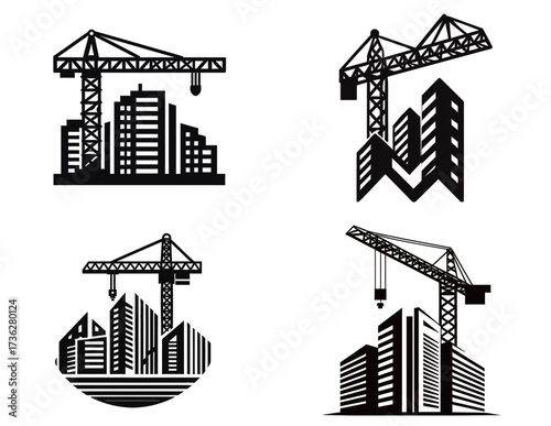 Multiple construction cranes are actively engaged in building high-rise structures in an urban area during the day. The scene captures the energy of city development.