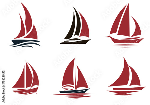 Multiple elegant sailboats with red sails glide smoothly on the water, showcasing a minimalist and colorful design. The scene captures a tranquil maritime atmosphere.