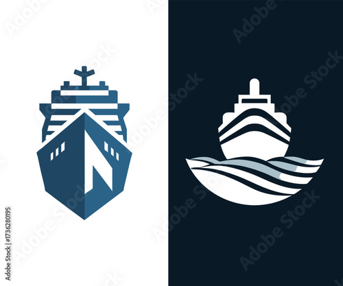 This design showcases two interpretations of a cruise ship, one on a light background and the other on a dark background, emphasizing modern style and maritime themes.