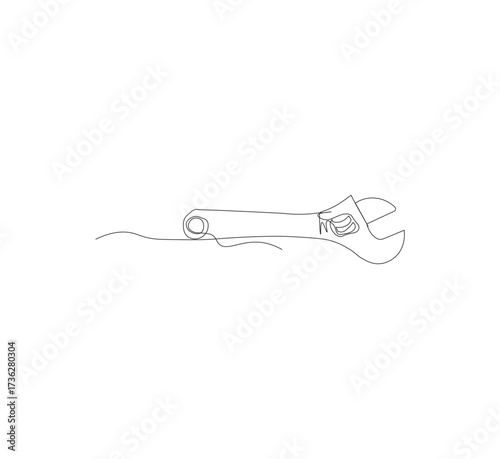 One continuous line drawing of a wrench tool. White background. Downloadable construction logo symbol. Wrench outline vector illustration. Editable stroke.