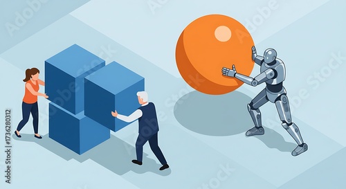 Dynamic illustration showing humans and a robot working together to build something, demonstrating teamwork, collaboration, and the future of work