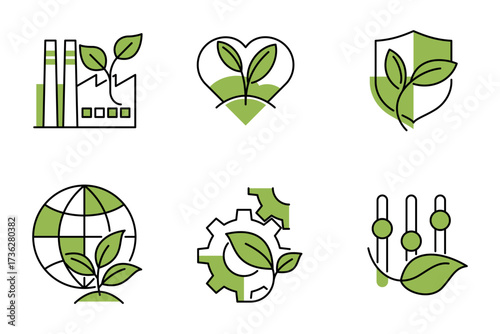 Ecology and green strategy icons in thin line with green elements