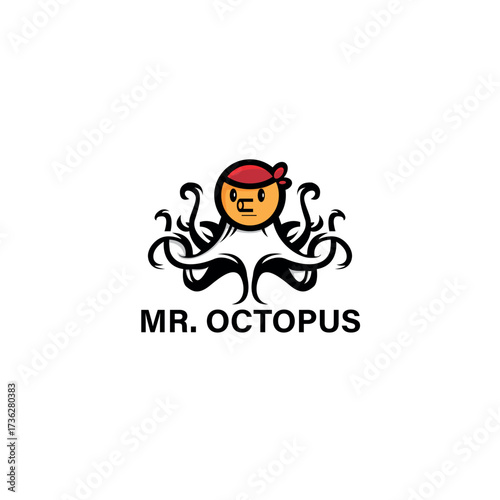 Mr. Octopus A fun and cartoonish logo design featuring a friendly octopus character with a pirate bandana