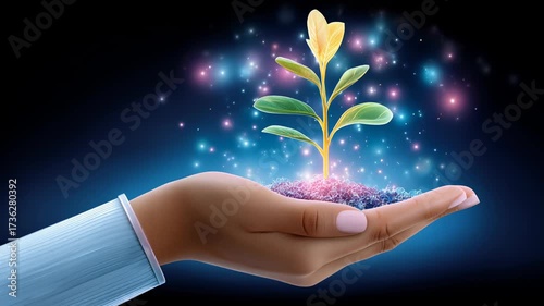 Hand Supporting Growing Plant with Magical Light Effects on Dark Background Symbolizing Hope, Growth, and Nurturing Nature