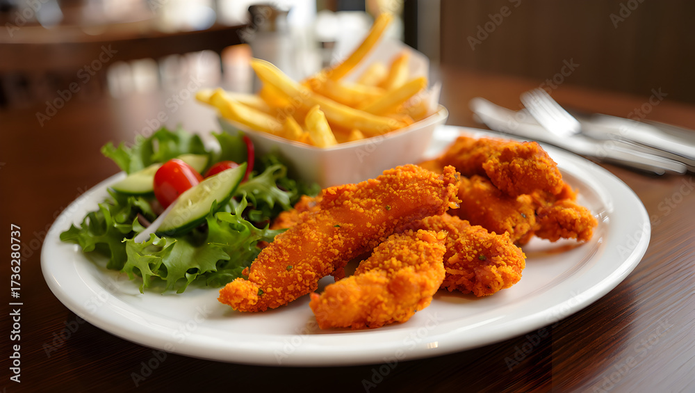 Fototapeta premium Crispy fried chicken tenders meal with golden french fries and fresh green salad