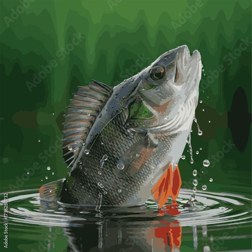  Fishing trophy - big freshwater perch in water on green background