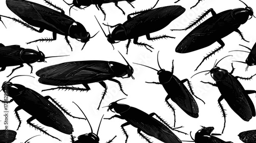Seamless pattern of black cockroaches on a white background, creepy insect pest infestation texture, entomology wallpaper.