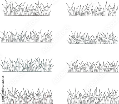 Eight different stylized illustrations of grass tufts, depicted as simple line drawings on a white background.