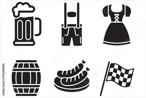 Oktoberfest Flat Vector Set German Beer, Pretzel, Bavarian Food Icons