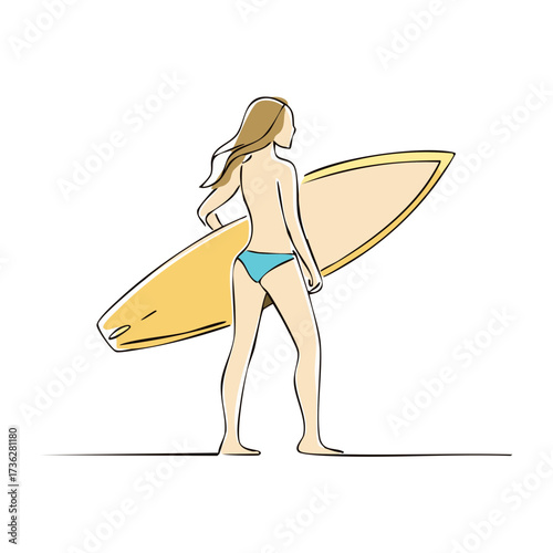 Minimalist illustration of a young woman in a bikini holding a surfboard, ready for surfing