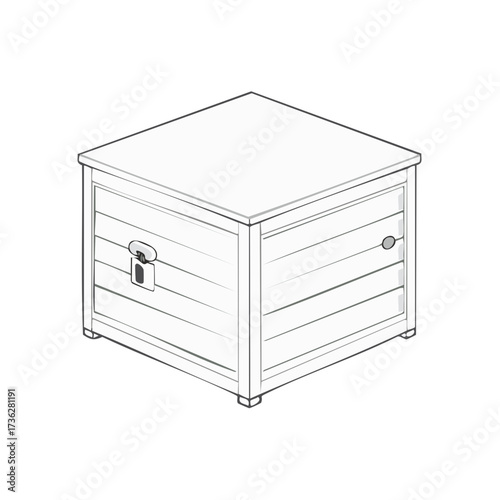Isometric view of wooden deck box or storage unit with hinged lids