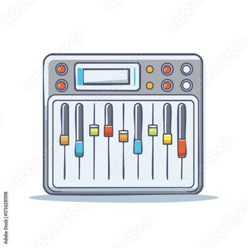 Sound mixer illustration, control panel, audio engineering interface, studio equipment, music production controls, creative work