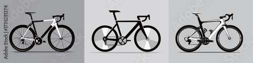 Three sleek road bicycles are displayed, featuring unique black and white designs. Each bike exhibits different shapes and components, highlighting cycling innovation.