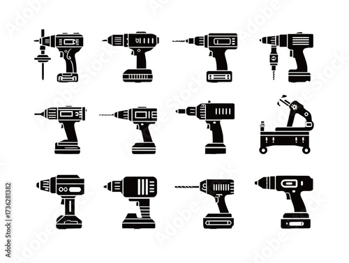 A collection of twelve cordless drills and power tools is displayed in a grid. Each tool features a different design and style, showing their versatility and function.