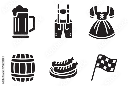 Oktoberfest Flat Vector Set German Beer, Pretzel, Bavarian Food Icons