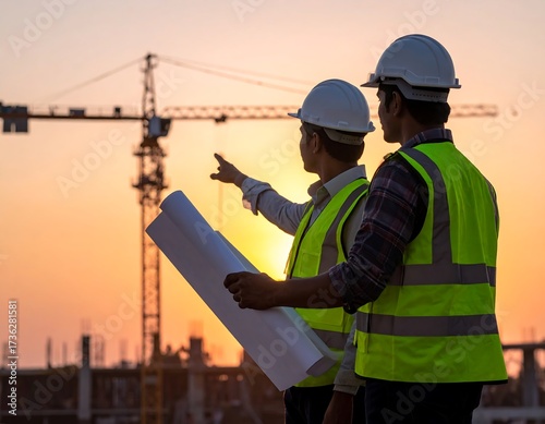 Construction Site Engineers Reviewing Plans.