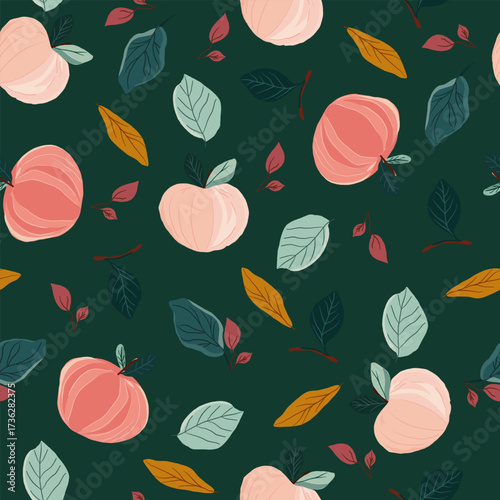 Elegant apple fruit and leaves illustration seamless pattern, deep green background