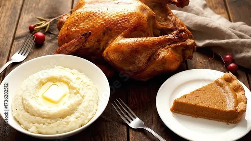 Golden roasted turkey, creamy mashed potatoes with butter, and pumpkin pie make a delicious Thanksgiving dinner, ready to be served for a festive celebration