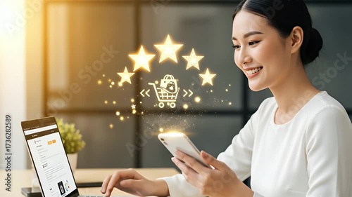 Asian woman with holographic shopping rating, e commerce and customer satisfaction concept