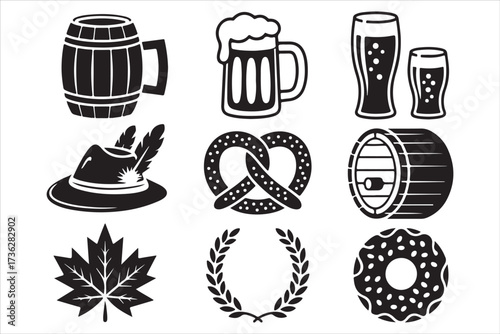 Oktoberfest Flat Vector Set German Beer, Pretzel, Bavarian Food Icons