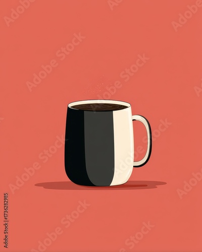 Stylish Two-Tone Coffee Mug with Dark Brew on Vibrant Coral Background, Flat Design.
