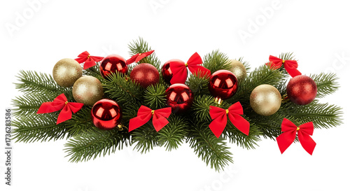 A lush christmas centerpiece featuring vibrant green fir branches adorned with red bows and shimmering gold and red ornaments, isolated on transparent background, brings a touch of holiday cheer to an
