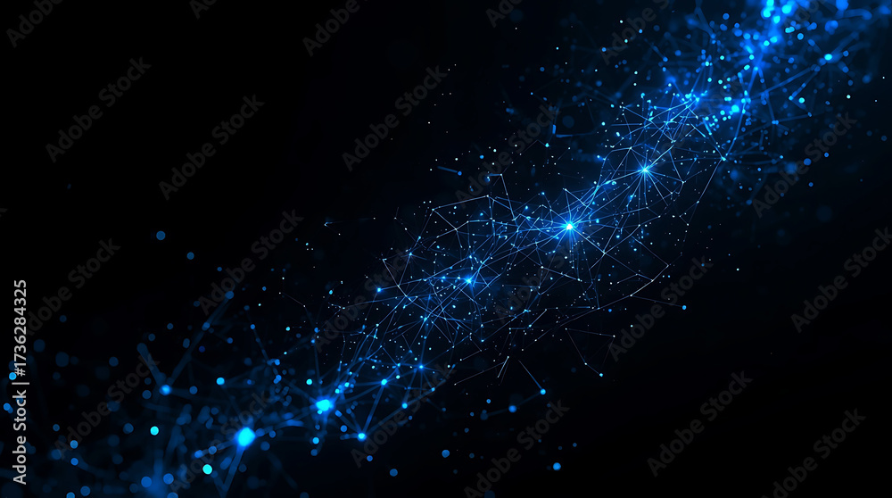 Fototapeta premium Abstract digital network with glowing blue nodes and connected lines against black backdrop