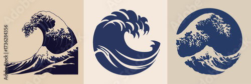 Three distinct wave designs illustrate the power and grace of ocean waves, each with unique shapes and flowing lines, embodying the essence of water.