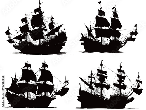 Four detailed silhouettes of classic sailing ships are displayed together. Each ship showcases unique rigging and sail designs, evoking a sense of maritime history and adventure.