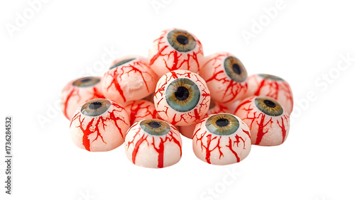 Pile of Halloween eyeball candies, spooky treat or decoration on black background, Horror themed confectionery, scary eyeballs with red veins on black backdrop