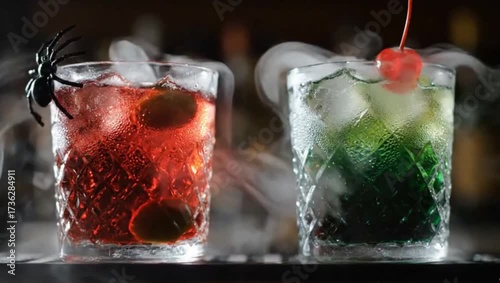 Vibrant Halloween cocktails with smoking ice and spooky spider garnish create a festive, chilling vibe perfect for celebrations and themed events